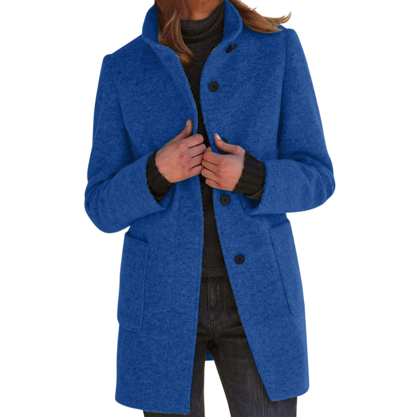 Women’s Long Single-Breasted Overcoat – Dark Blue Wool-Blend Winter Jacket