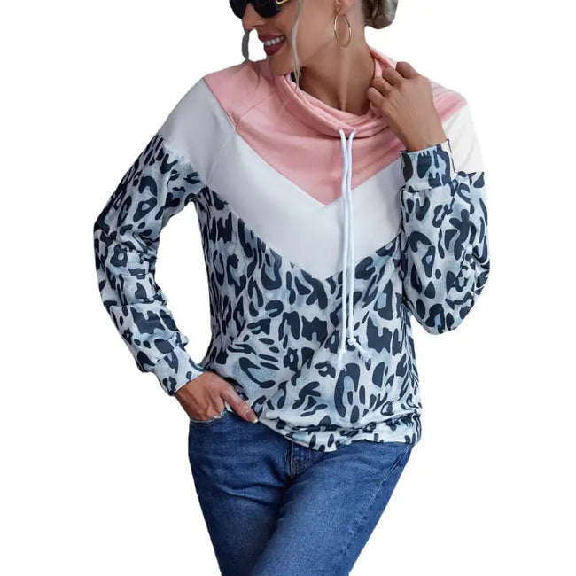 Leopard Print Color Block Hooded Sweater for Women - Veloura